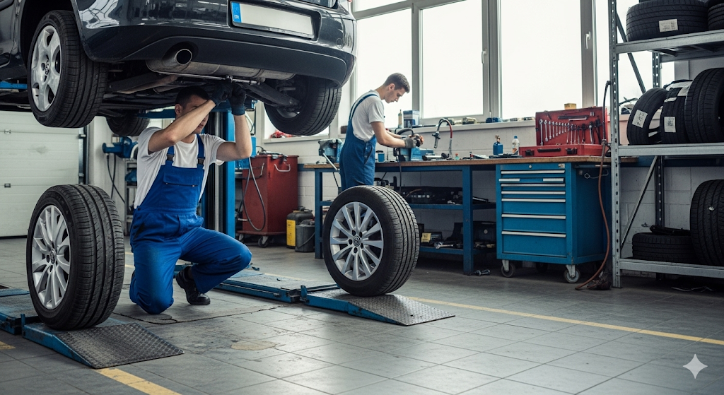 Serviço de revisão geral de veículo, verificando óleo e freios